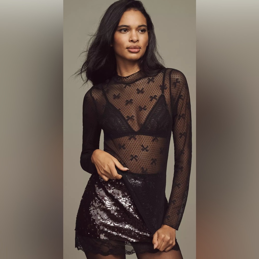 Anthropologie | Maeve Bow Lace Turtleneck Top